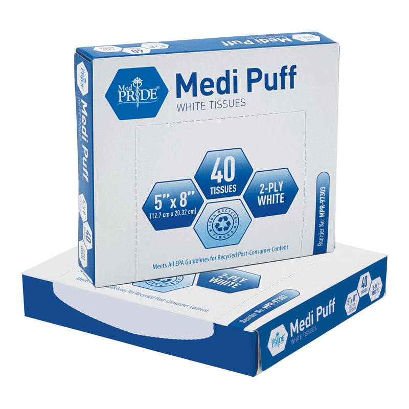 MedPride Medi Puff White Bedside Tissues 5"x8"- 40/Box, Case of 200 (8000 Count) MedPride Medi Puff White Bedside Tissues 5"x8"- 40/Box, Case of 200 (8000 Count)