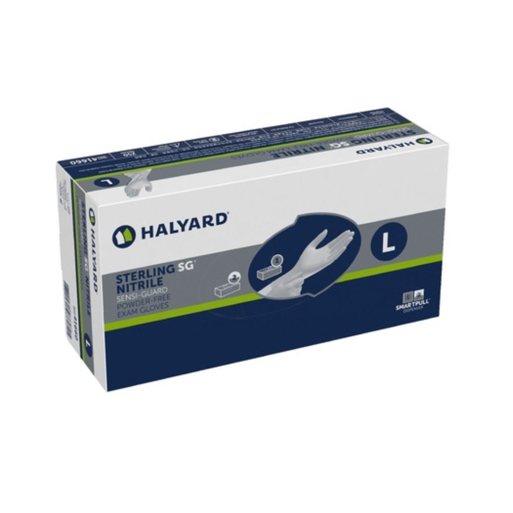Halyard Exam Glove 2500/Case STERLING SG Large NonSterile Nitrile Standard Cuff Length Textured Fingertips Silver Chemo Tested Halyard Exam Glove 2500/Case STERLING SG Large NonSterile Nitrile Standard Cuff Length Textured Fingertips Silver Chemo Tested