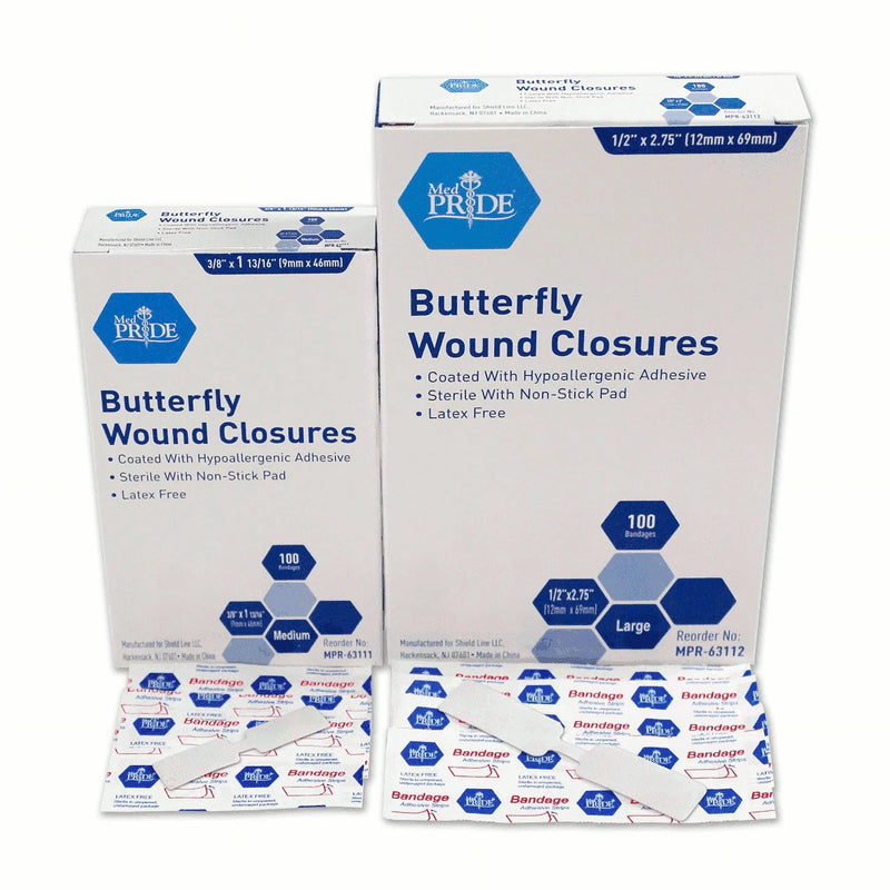 MedPride Adhesive Bandage, Butterfly Wound Closures Fabric, 1/2" x 2.75" Large, Sterile - 100/Box, Case of 24 (2400 Count) MedPride Adhesive Bandage, Butterfly Wound Closures Fabric, 1/2" x 2.75" Large, Sterile - 100/Box, Case of 24 (2400 Count)