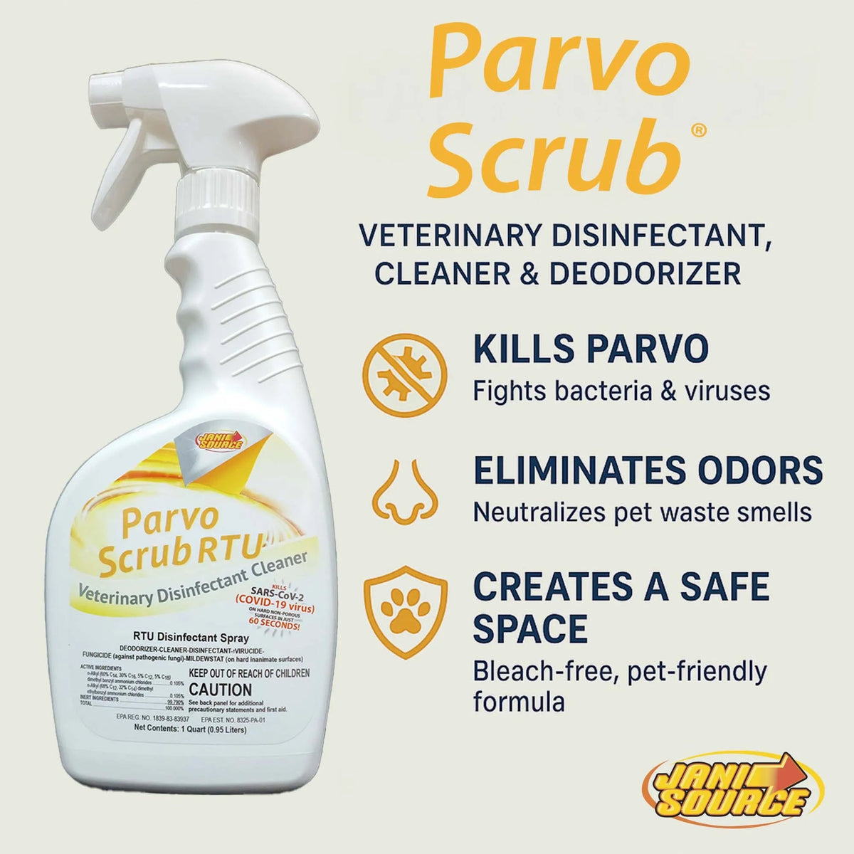 ParvoScrub RTU: Veterinary & Kennel Disinfectant, Cleaner, & Deodorizer, Kills Parvo, 1 Quart ParvoScrub RTU: Veterinary & Kennel Disinfectant, Cleaner, & Deodorizer, Kills Parvo, 1 Quart