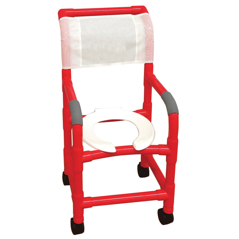 MJM International R115-3 RED Shower chair 15" internal width, for small adult or pediatric needs, 3" twin casters, open front seat, 250 lbs weight capacity MJM International R115-3 RED Shower chair 15" internal width, for small adult or pediatric needs, 3" twin casters, open front seat, 250 lbs weight capacity