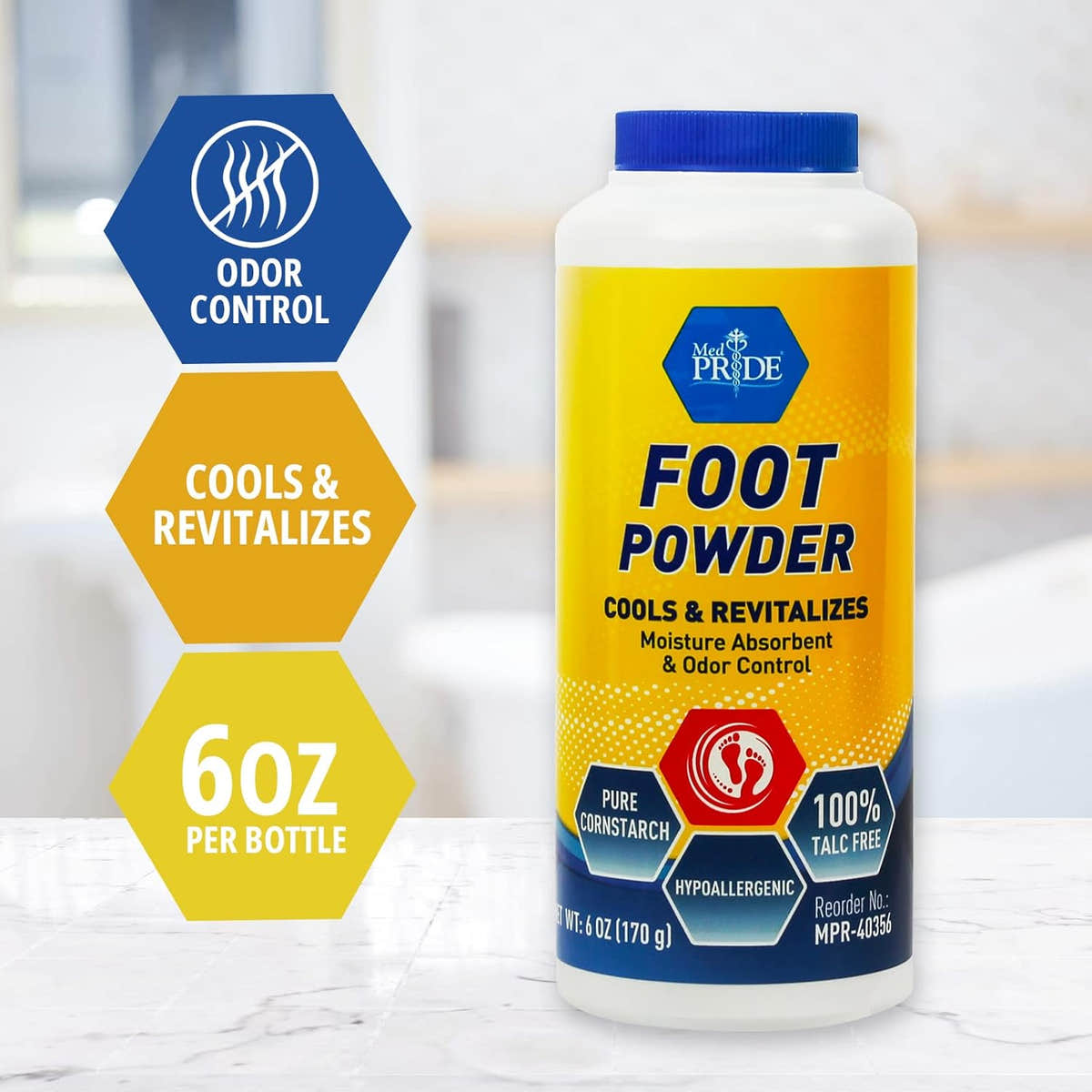 MedPride Cooling Foot Powder Talc Free Odor Absorber Shoe Deodorizer, 6 Oz w/seal - 36/cs. MedPride Cooling Foot Powder Talc Free Odor Absorber Shoe Deodorizer, 6 Oz w/seal - 36/cs.