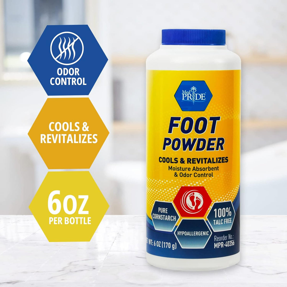 MedPride Cooling Foot Powder Talc Free Odor Absorber Shoe Deodorizer, 6 Oz w/seal - 36/cs. MedPride Cooling Foot Powder Talc Free Odor Absorber Shoe Deodorizer, 6 Oz w/seal - 36/cs.