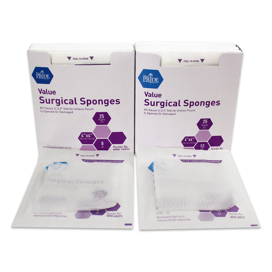 MedPride Value Gauze Surgical Sponges, Sterile - 2's, 4"x4" - 12 Ply - 25/box, Case of 24 (1200 Count) MedPride Value Gauze Surgical Sponges, Sterile - 2's, 4"x4" - 12 Ply - 25/box, Case of 24 (1200 Count)