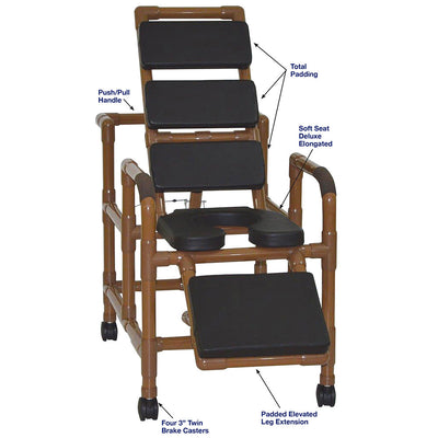 MJM International WT193-SSDE-TP-BLK Wood Tone Reclining TOTAL Black padding shower chair with open front soft seat and elevated leg extension, 325 lbs weight capacity MJM International WT193-SSDE-TP-BLK Wood Tone Reclining TOTAL Black padding shower chair with open front soft seat and elevated leg extension, 325 lbs weight capacity