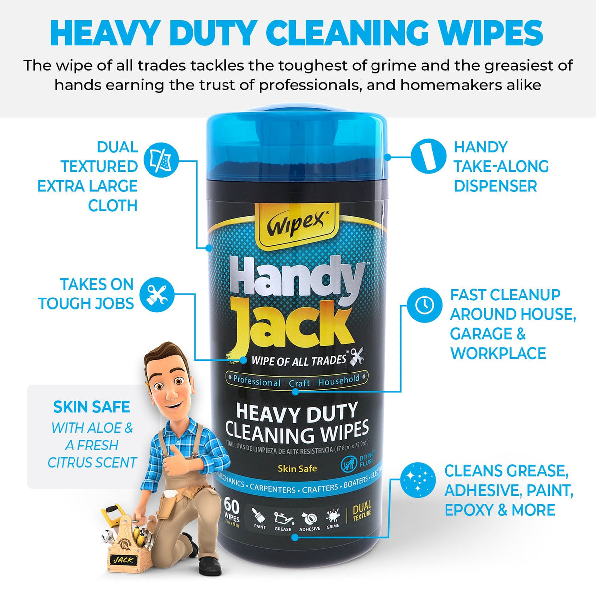 Wipex® Handy Jack® Heavy Duty Cleaning Wipes 60ct Canister Wipex® Handy Jack® Heavy Duty Cleaning Wipes 60ct Canister