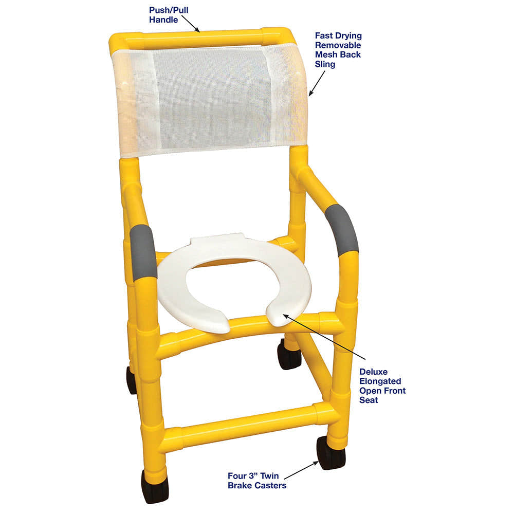 MJM International Y115-3 YELLOW Shower chair 15" internal width, for small adult or pediatric needs, 3" twin casters, open front seat, 250 lbs weight capacity MJM International Y115-3 YELLOW Shower chair 15" internal width, for small adult or pediatric needs, 3" twin casters, open front seat, 250 lbs weight capacity