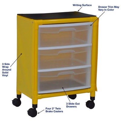 MJM International Y3U3D-ISO-NBP Yellow universal isolation cart with 3 slide out drawers, top writing shelf, no back panel,internal drawer size: 19.125" W x 14" D x 6.5" H MJM International Y3U3D-ISO-NBP Yellow universal isolation cart with 3 slide out drawers, top writing shelf, no back panel,internal drawer size: 19.125" W x 14" D x 6.5" H