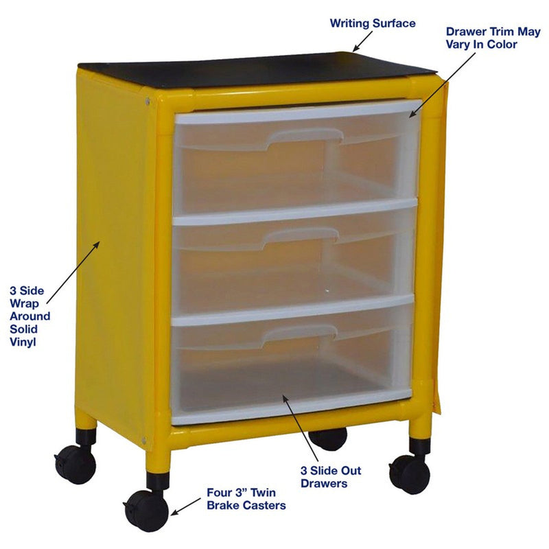 MJM International Y3U3D-ISO-NBP Yellow universal isolation cart with 3 slide out drawers, top writing shelf, no back panel,internal drawer size: 19.125" W x 14" D x 6.5" H MJM International Y3U3D-ISO-NBP Yellow universal isolation cart with 3 slide out drawers, top writing shelf, no back panel,internal drawer size: 19.125" W x 14" D x 6.5" H