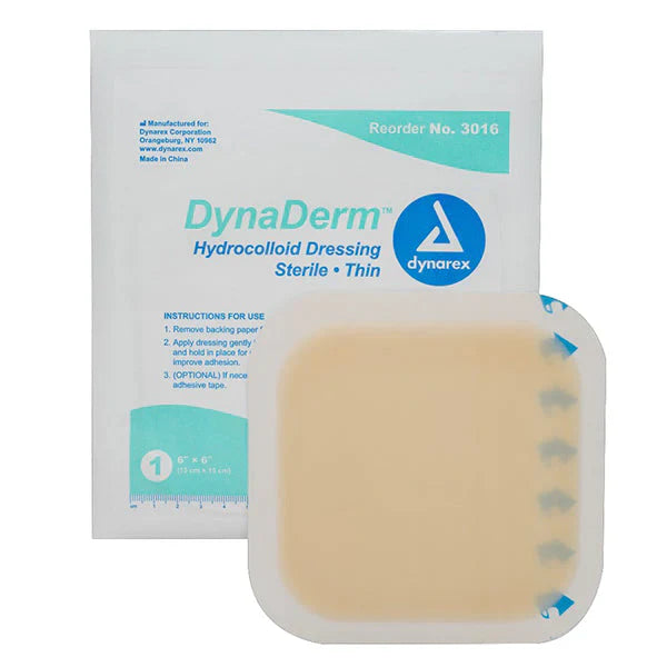 Dynarex DynaDerm - Hydrocolloid Dressing - Thin, 6" x 6", 5ea/bx, 12bxs/cs (60 Count) Dynarex DynaDerm - Hydrocolloid Dressing - Thin, 6" x 6", 5ea/bx, 12bxs/cs (60 Count)