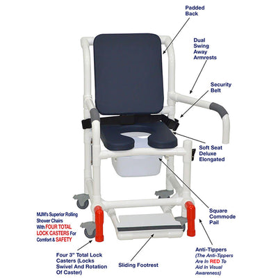 MJM International 118-3TL-SSDE-CBP-AB-DDA-SF-10-QT-C-BB-AT Shower Chair With Total Lock Casters, Soft Seat Deluxe Elongated, Cushion Back, Dual Swing Away Armrests, Sliding Footrest, Square Pail, Safety Belt and Anti-Tippers MJM International 118-3TL-SSDE-CBP-AB-DDA-SF-10-QT-C-BB-AT Shower Chair With Total Lock Casters, Soft Seat Deluxe Elongated, Cushion Back, Dual Swing Away Armrests, Sliding Footrest, Square Pail, Safety Belt and Anti-Tippers