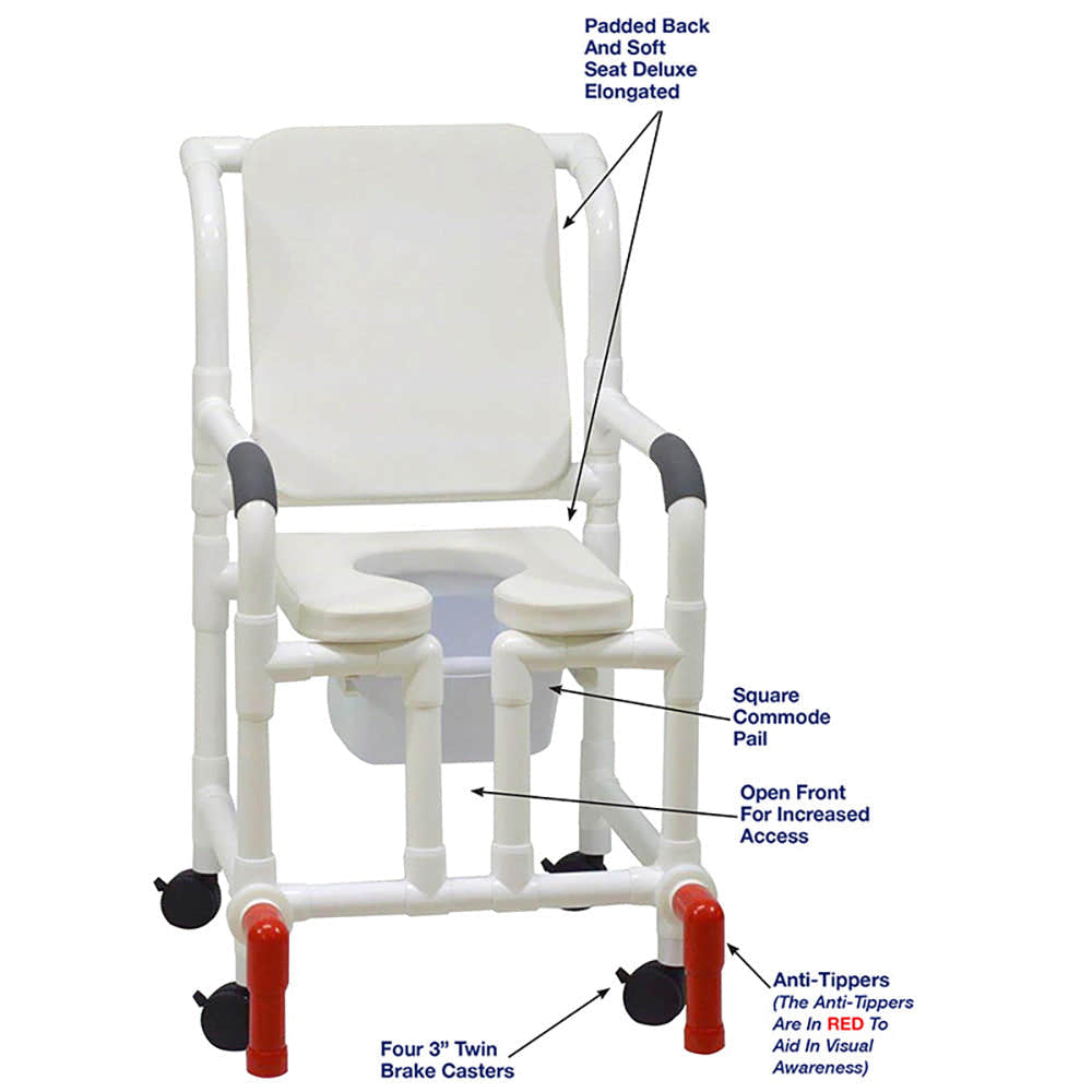 MJM International 118-3-SSDE-CBP-WH-OF-SQ-PAIL-AT Shower Chair With Soft Seat Deluxe Elongated, Cushion Back, Open Front, Square Pail And Anti-Tippers MJM International 118-3-SSDE-CBP-WH-OF-SQ-PAIL-AT Shower Chair With Soft Seat Deluxe Elongated, Cushion Back, Open Front, Square Pail And Anti-Tippers