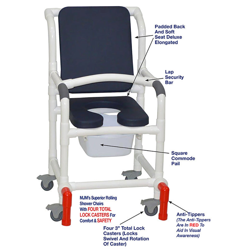 MJM International 118-3TL-SSDE-CBP-AB-10-QT-C-LSB-AT Shower Chair With Total Lock Casters, Soft Seat Deluxe Elongated, Cushion Back, Square Pail, Lap Security Bar and Anti-Tippers MJM International 118-3TL-SSDE-CBP-AB-10-QT-C-LSB-AT Shower Chair With Total Lock Casters, Soft Seat Deluxe Elongated, Cushion Back, Square Pail, Lap Security Bar and Anti-Tippers