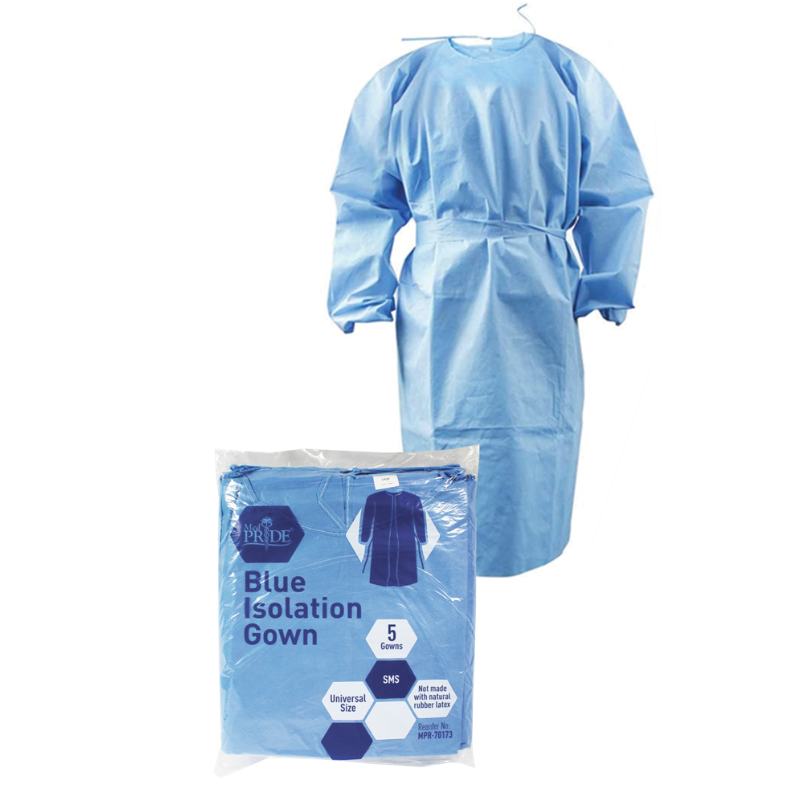 MedPride Protective Isolation Gowns Impervious, Universal Size - Blue - 5 Gowns/Pack, Case of 10 (50 Count) MedPride Protective Isolation Gowns Impervious, Universal Size - Blue - 5 Gowns/Pack, Case of 10 (50 Count)