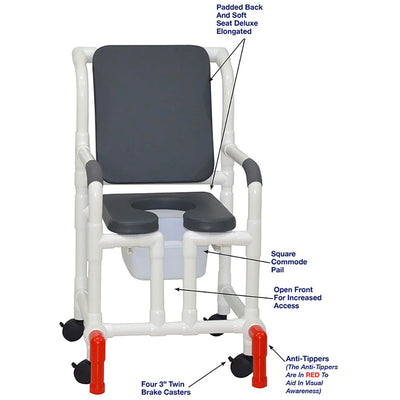 MJM International 118-3TW-SSDE-CBP-PI-OF-SQ-PAIL-AT Shower Chair With Soft Seat Deluxe Elongated, Cushion Back, Open Front, Square Pail And Anti-Tippers MJM International 118-3TW-SSDE-CBP-PI-OF-SQ-PAIL-AT Shower Chair With Soft Seat Deluxe Elongated, Cushion Back, Open Front, Square Pail And Anti-Tippers