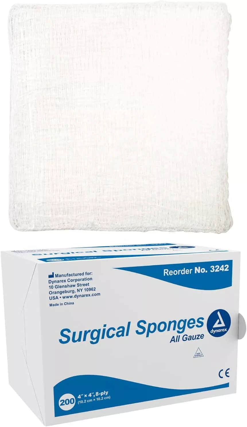 Dynarex Surgical Gauze Sponge, 4" x 4" 8 Ply, 200ea/bx, 20bxs/cs (4000 Count) Dynarex Surgical Gauze Sponge, 4" x 4" 8 Ply, 200ea/bx, 20bxs/cs (4000 Count)