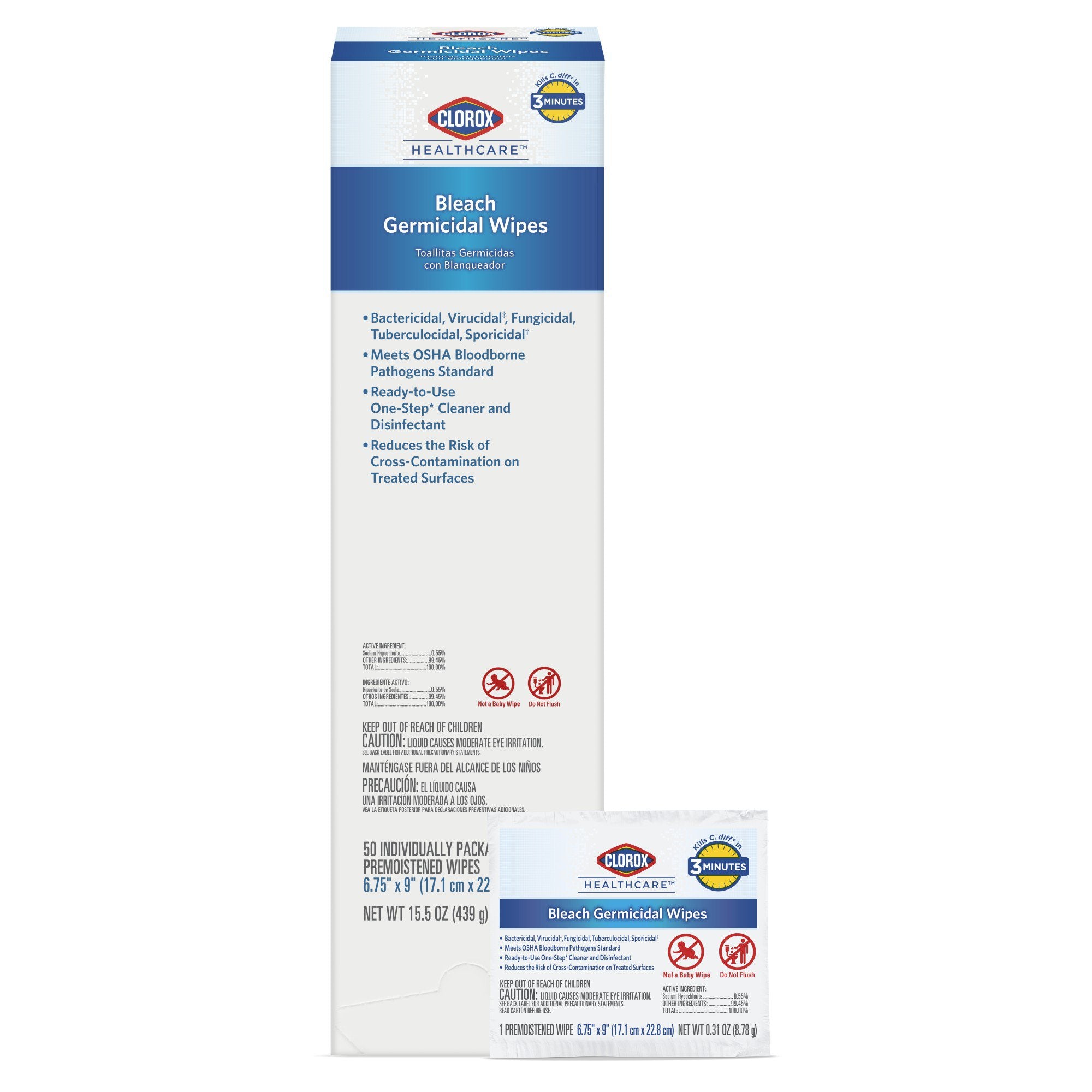 Clorox Healthcare Bleach Germicidal Wipes, Individual Packets -Carton of 50 Clorox Healthcare Bleach Germicidal Wipes, Individual Packets -Carton of 50