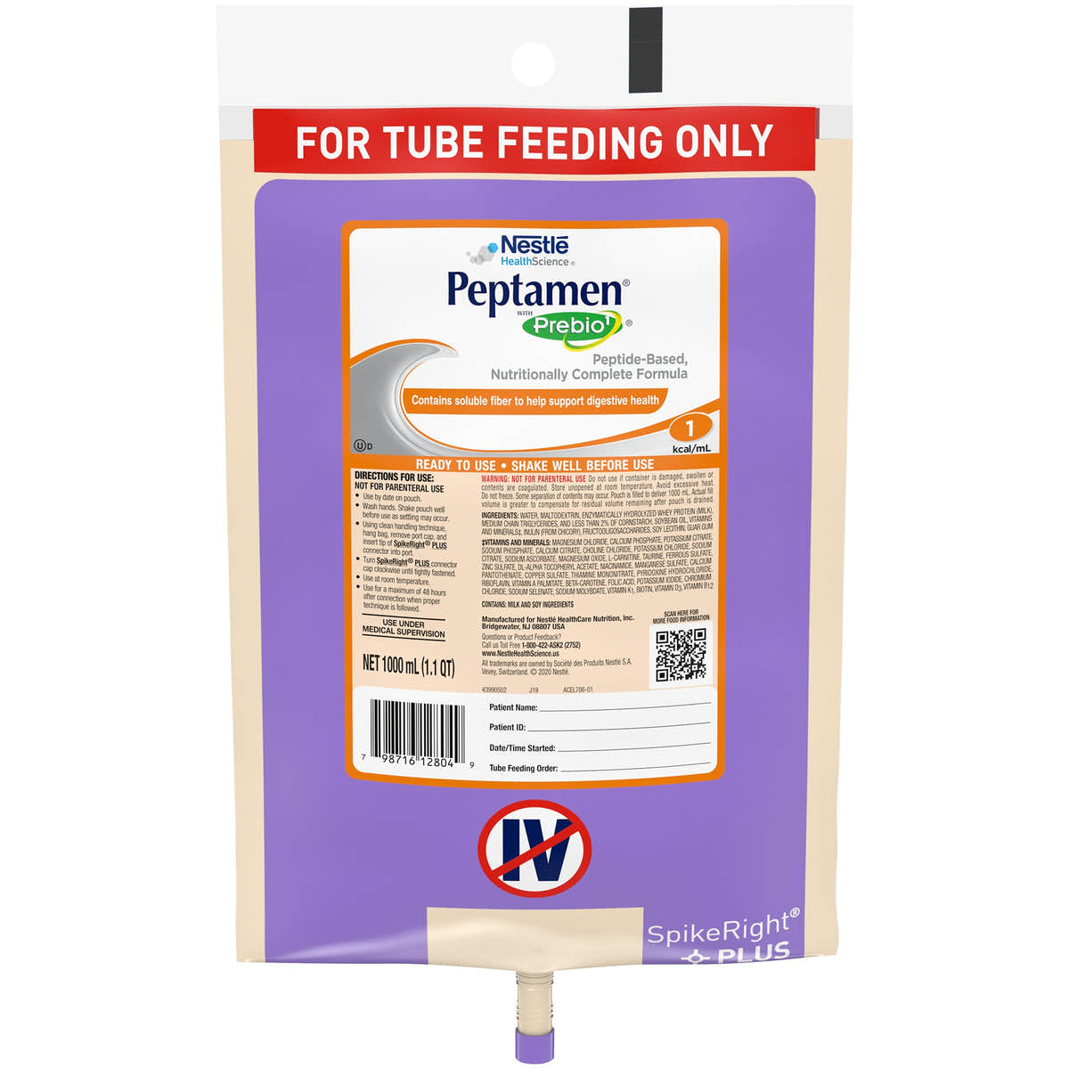 Peptamen with Prebio1 Ready to Hang Tube Feeding Formula, 33.8 oz. Bag -Case of 6 Peptamen with Prebio1 Ready to Hang Tube Feeding Formula, 33.8 oz. Bag -Case of 6