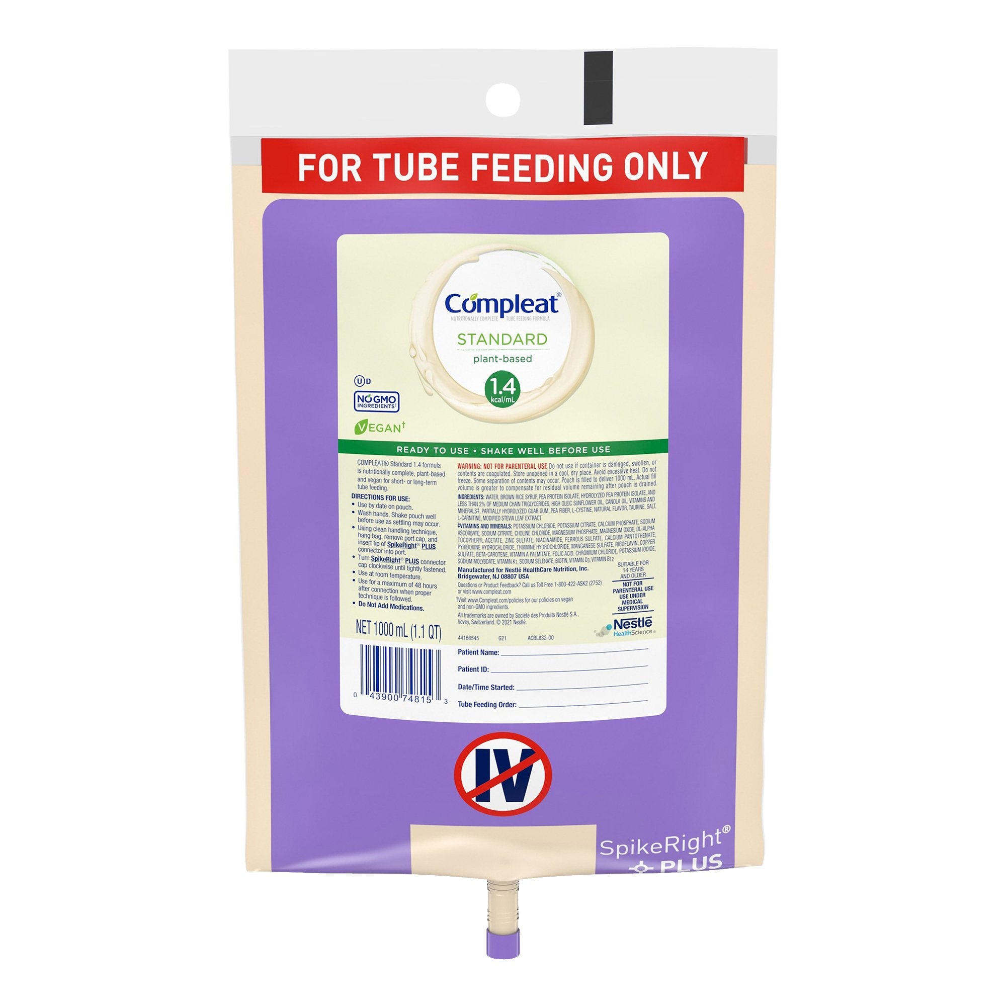 Compleat Tube Feeding Formula Standard 1.4 Cal SpikeRight Plus, Vanilla, 1000 mL UltraPak Bag -Case of 6 Compleat Tube Feeding Formula Standard 1.4 Cal SpikeRight Plus, Vanilla, 1000 mL UltraPak Bag -Case of 6