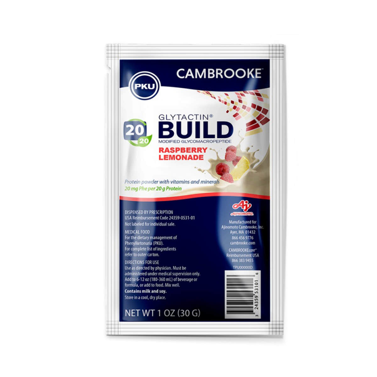 Glytactin BUILD 20/20 PKU Oral Supplement, Raspberry / Lemonade, 1.1 oz. Packet -Case of 30 Glytactin BUILD 20/20 PKU Oral Supplement, Raspberry / Lemonade, 1.1 oz. Packet -Case of 30