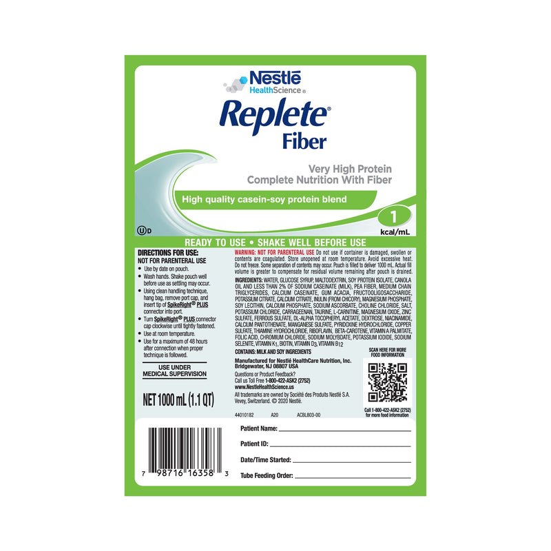 Replete Fiber Ready to Hang Tube Feeding Formula, 33.8 oz. Bag -Case of 6 Replete Fiber Ready to Hang Tube Feeding Formula, 33.8 oz. Bag -Case of 6
