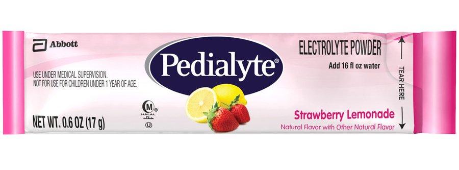 Pedialyte Powder Packs Pediatric Oral Electrolyte Solution, Assorted Flavors, 0.6 oz. Packet -Carton of 8 Pedialyte Powder Packs Pediatric Oral Electrolyte Solution, Strawberry Lemonade, 0.6 oz. Individual Packet -Case of 36