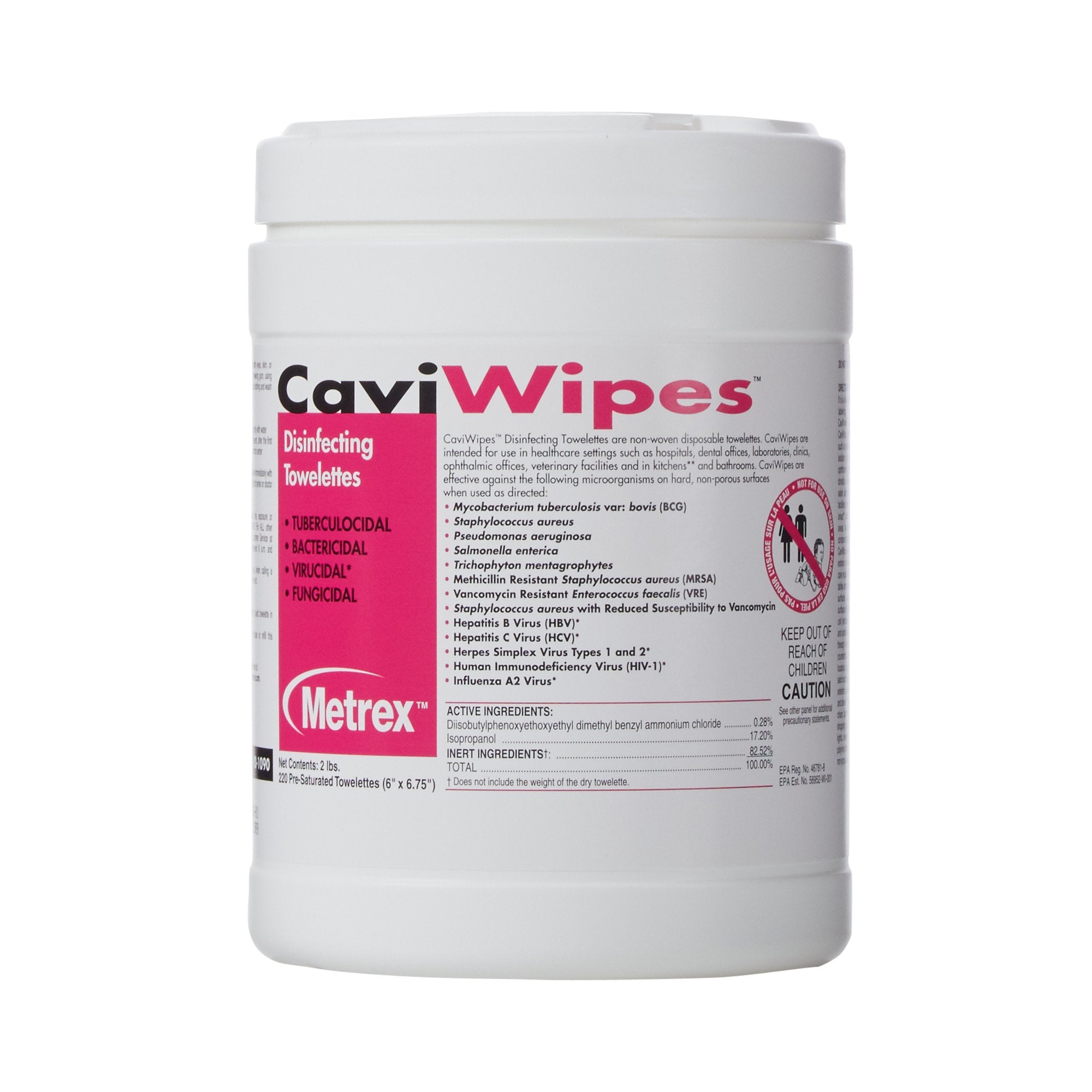 Metrex CaviWipes Surface Disinfectant Alcohol-Based Wipes, Non-Sterile, Disposable, Alcohol Scent, Canister, 6 X 6.75 Inch -Can of 1 Metrex CaviWipes Surface Disinfectant Alcohol-Based Wipes, Non-Sterile, Disposable, Alcohol Scent, Canister, 6 X 6.75 Inch -Can of 1