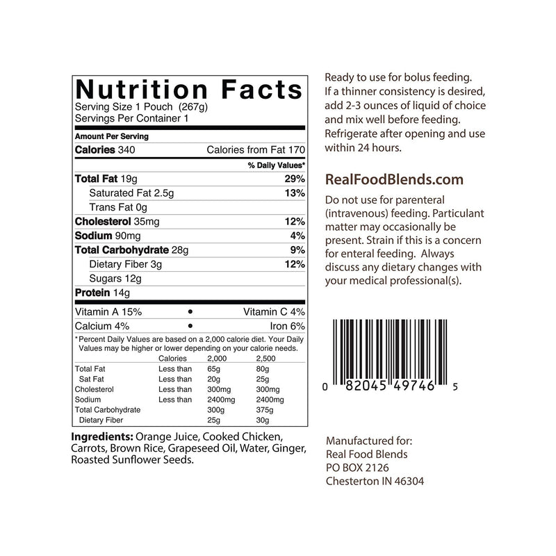 Real Food Blends Pureed Food Blends, Orange Chicken, Carrots & Brown Rice, 9.4 oz. Ready to Use Pouch -Case of 12 Real Food Blends Pureed Food Blends, Orange Chicken, Carrots & Brown Rice, 9.4 oz. Ready to Use Pouch -Case of 12