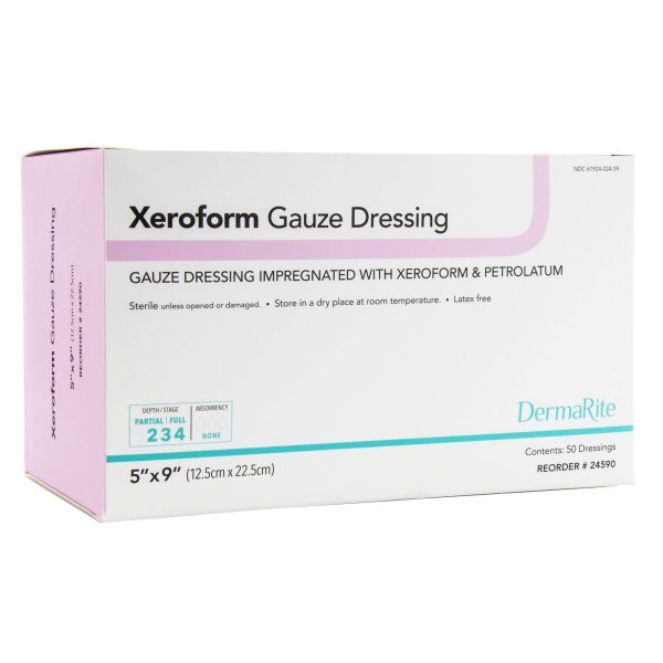 DermaRite Xeroform Gauze Impregnated Dressing, 1 x 8 Inch - 946774_BX - 1 DermaRite Xeroform Gauze Dressing Impregnated with Xeroform and Petrolatum - 946774_EA - 2