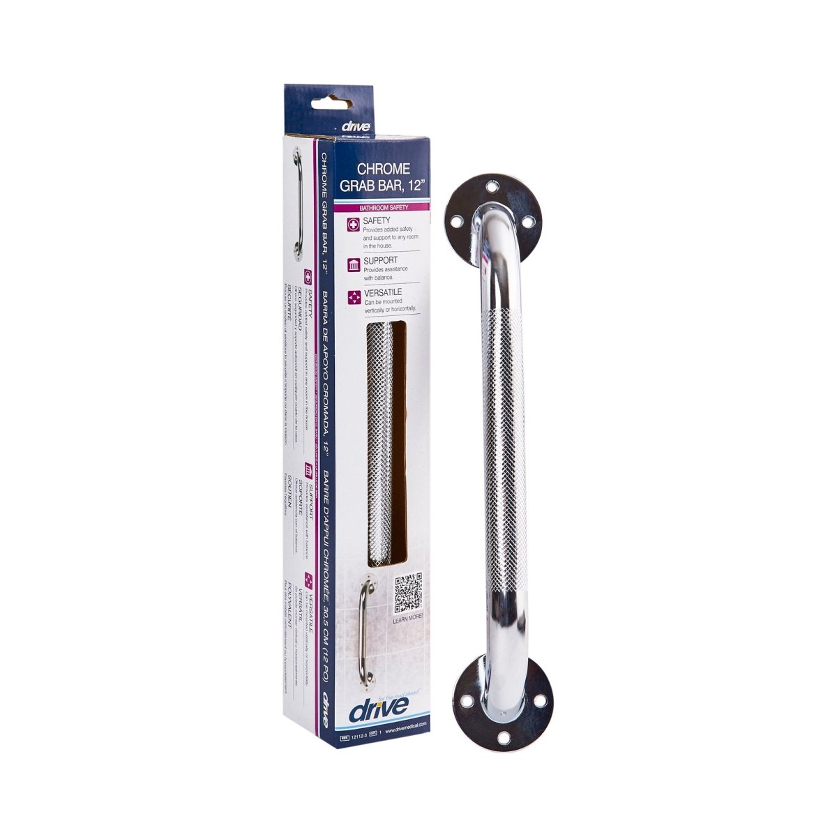 drive Knurled Steel Wall Grab Bar, Chrome, 12 Inch -Each drive Knurled Steel Wall Grab Bar - 721883_EA - 2