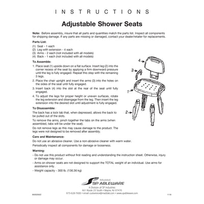 Maddak Adjustable Shower Seat with Arms and Back -Each Maddak Adjustable Shower Seat with Arms and Back -Each