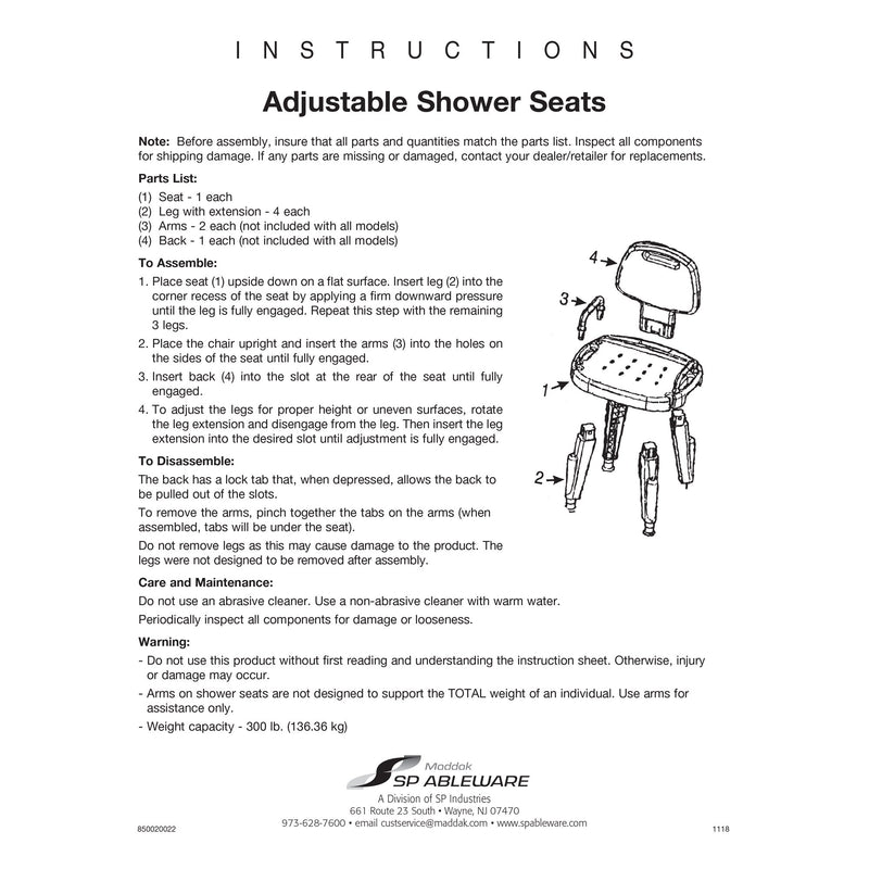 Maddak Adjustable Shower Seat with Arms and Back -Each Maddak Adjustable Shower Seat with Arms and Back -Each