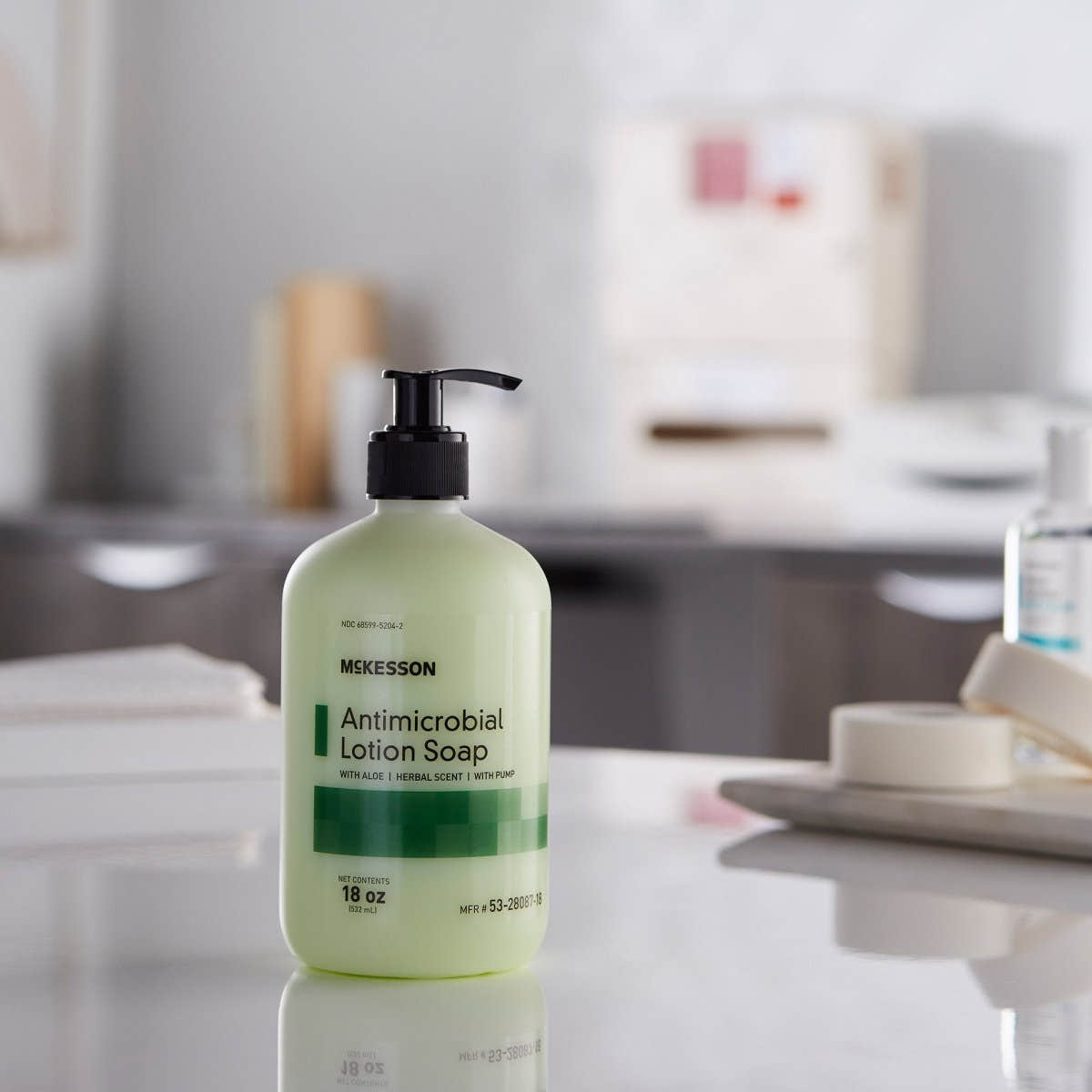 McKesson Antimicrobial Lotion Soap, Herbal Scent, 18 oz, Pump Bottle, Green, 0.95% Strength - 937908_EA - 1 McKesson Antimicrobial Lotion Soap, Herbal Scent, 0.95% Strength - 937908_CS - 8