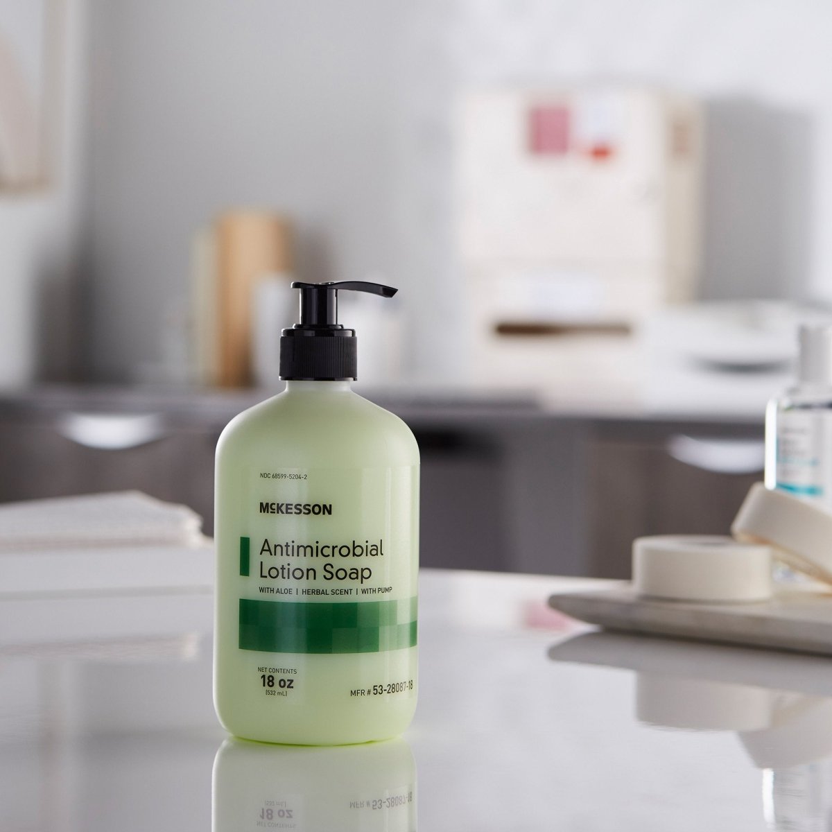 McKesson Antimicrobial Lotion Soap, Herbal Scent, 18 oz, Pump Bottle, Green, 0.95% Strength - 937908_EA - 1 McKesson Antimicrobial Lotion Soap, Herbal Scent, 0.95% Strength - 937908_CS - 8