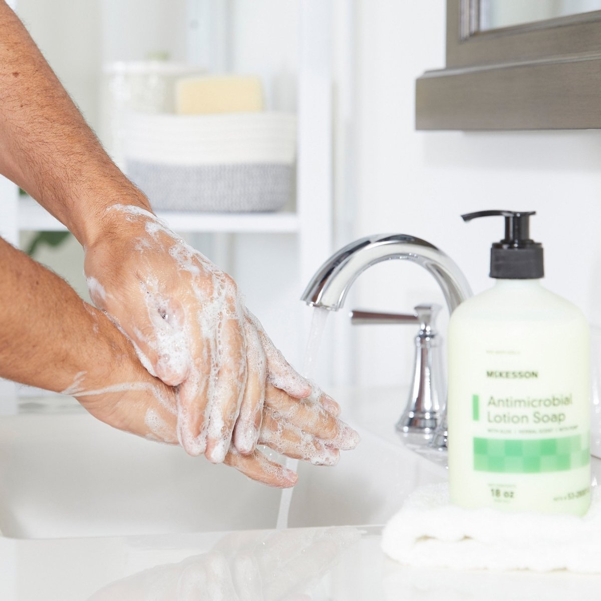McKesson Antimicrobial Lotion Soap, Herbal Scent, 18 oz, Pump Bottle, Green, 0.95% Strength - 937908_EA - 1 McKesson Antimicrobial Lotion Soap, Herbal Scent, 0.95% Strength - 937908_EA - 2