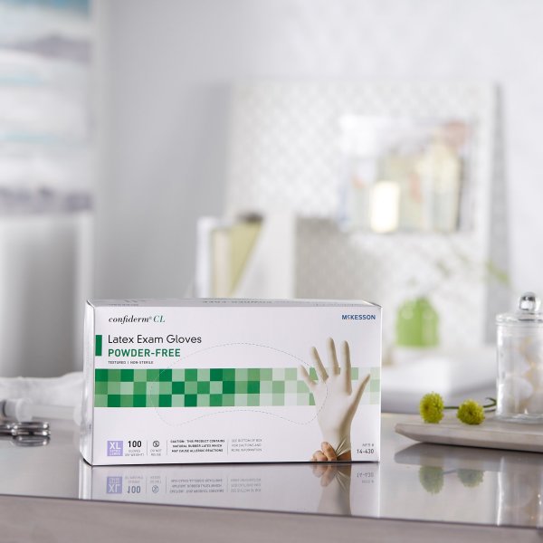 McKesson Confiderm NonSterile Latex Standard Cuff Length Textured Fingertips Ivory Exam Gloves - 921592_BX - 4 McKesson Confiderm NonSterile Latex Standard Cuff Length Textured Fingertips Ivory Exam Gloves - 921592_BX - 4