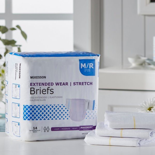 McKesson Extended Wear Maximum Absorbency Incontinence Briefs -Unisex - 980310_BG - 1 McKesson Extended Wear Stretch Briefs - 980310_CS - 2