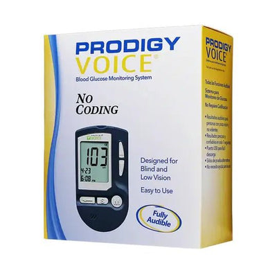 Prodigy Voice Blood Glucose Meter in retail box showing features Prodigy Voice Blood Glucose Meter in retail box showing features