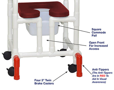 MJM International 118-3TW-SSDE-CBP-BG-OF-SQ-PAIL-AT Shower Chair With Soft Seat Deluxe Elongated, Cushion Back, Open Front, Square Pail And Anti-Tippers