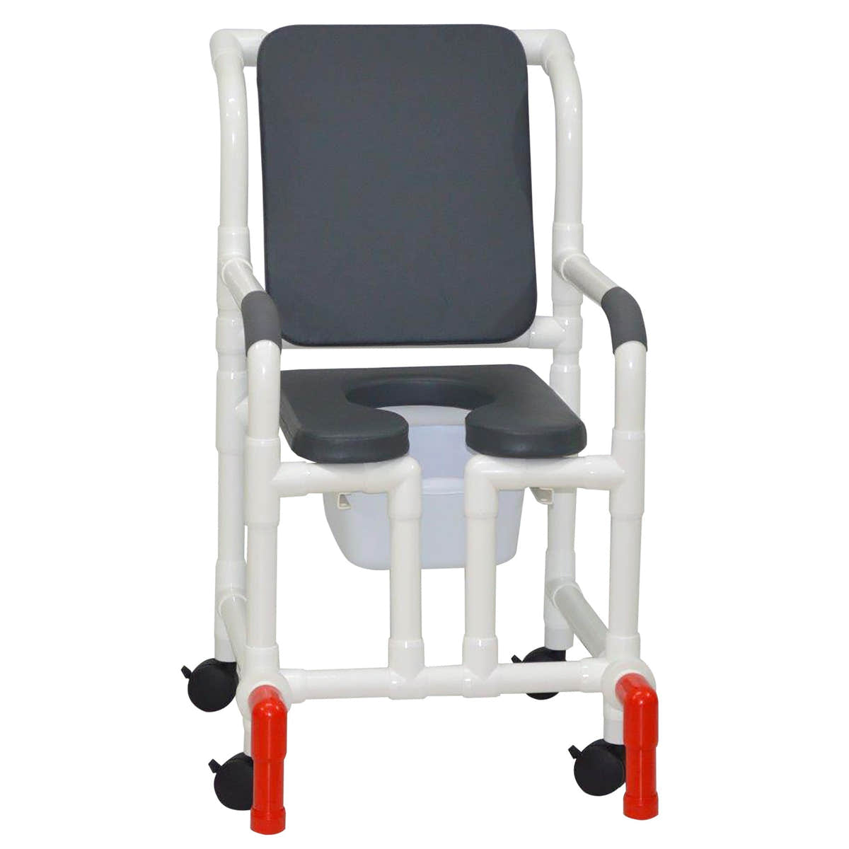 MJM International 118-3TW-SSDE-CBP-PI-OF-SQ-PAIL-AT Shower Chair With Soft Seat Deluxe Elongated, Cushion Back, Open Front, Square Pail And Anti-Tippers