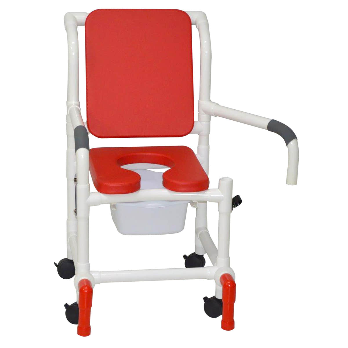 MJM International 118-3TW-SSDE-CBP-RD-DDA-SQ-PAIL-AT Shower Chair With Soft Seat Deluxe Elongated, Cushion Back, Dual Swing Away Armrests, Sliding Footrest, Square Pail, And Anti-Tippers