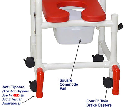MJM International 118-3TW-SSDE-CBP-RD-DDA-SQ-PAIL-AT Shower Chair With Soft Seat Deluxe Elongated, Cushion Back, Dual Swing Away Armrests, Sliding Footrest, Square Pail, And Anti-Tippers