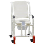 MJM International 118-3-SSDE-CBP-WH-OF-SQ-PAIL-AT Shower Chair With Soft Seat Deluxe Elongated, Cushion Back, Open Front, Square Pail And Anti-Tippers