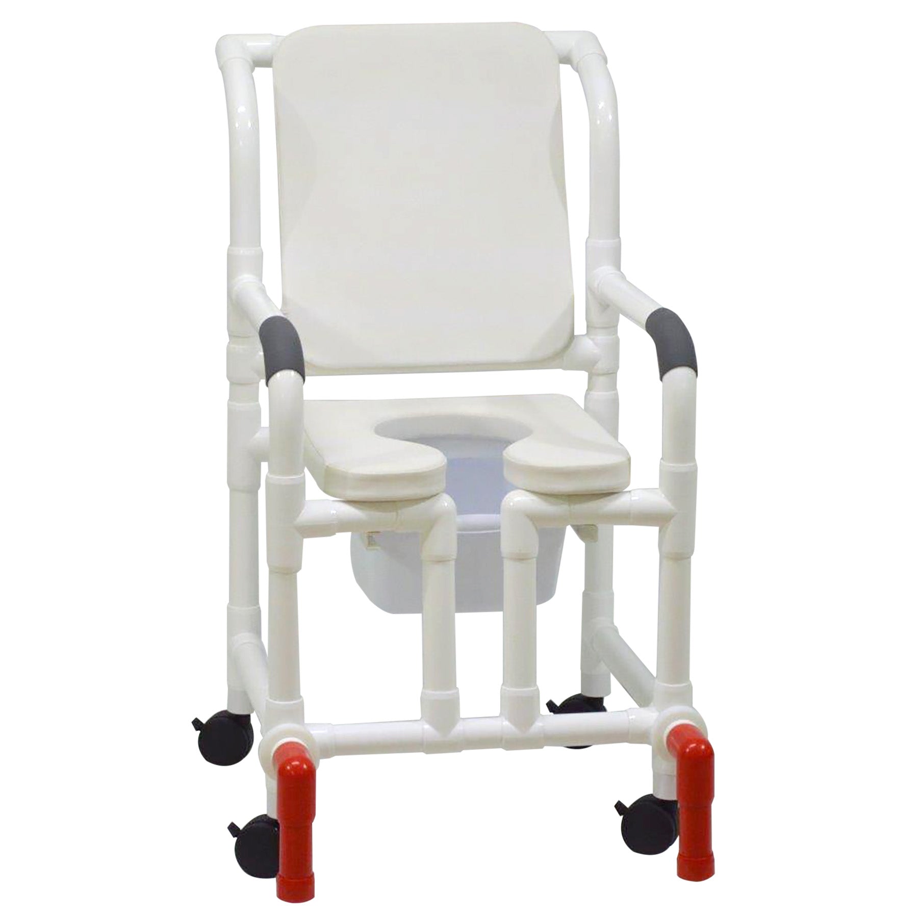 MJM International 118-3-SSDE-CBP-WH-OF-SQ-PAIL-AT Shower Chair With Soft Seat Deluxe Elongated, Cushion Back, Open Front, Square Pail And Anti-Tippers