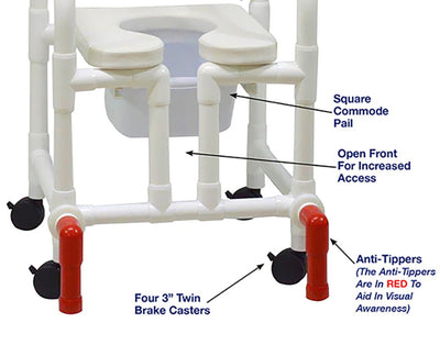 MJM International 118-3-SSDE-CBP-WH-OF-SQ-PAIL-AT Shower Chair With Soft Seat Deluxe Elongated, Cushion Back, Open Front, Square Pail And Anti-Tippers