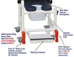 MJM International 118-3TL-SSDE-CBP-AB-DDA-SF-10-QT-C-BB-AT Shower Chair With Total Lock Casters, Soft Seat Deluxe Elongated, Cushion Back, Dual Swing Away Armrests, Sliding Footrest, Square Pail, Safety Belt and Anti-Tippers