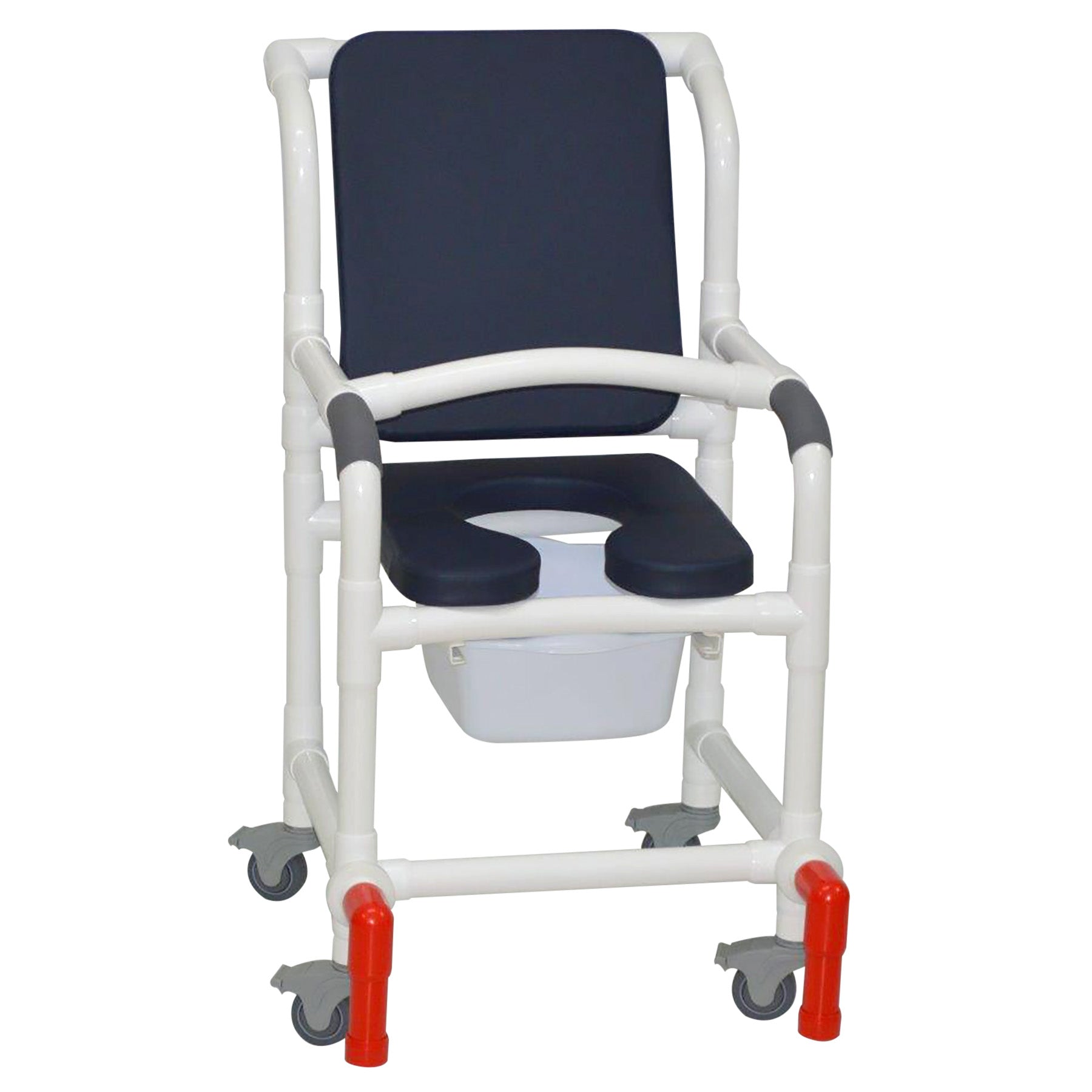 MJM International 118-3TL-SSDE-CBP-AB-10-QT-C-LSB-AT Shower Chair With Total Lock Casters, Soft Seat Deluxe Elongated, Cushion Back, Square Pail, Lap Security Bar and Anti-Tippers