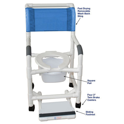 MJM International 118-3TW-SF-SQ-PAIL Shower Chair Open Front Seat, Sliding  Footrest, 10 Qt Slide Out Commode Pail, 300 lbs Weight Capacity