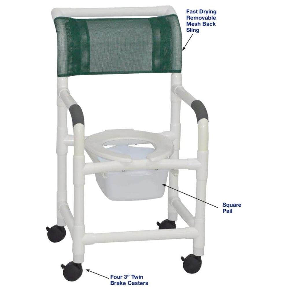 MJM International 118-3TW-SQ-PAIL Shower Chair Open Front Seat, 3" Twin Casters, 10 Quart Commode Pail, 300 lbs Weight Capacity