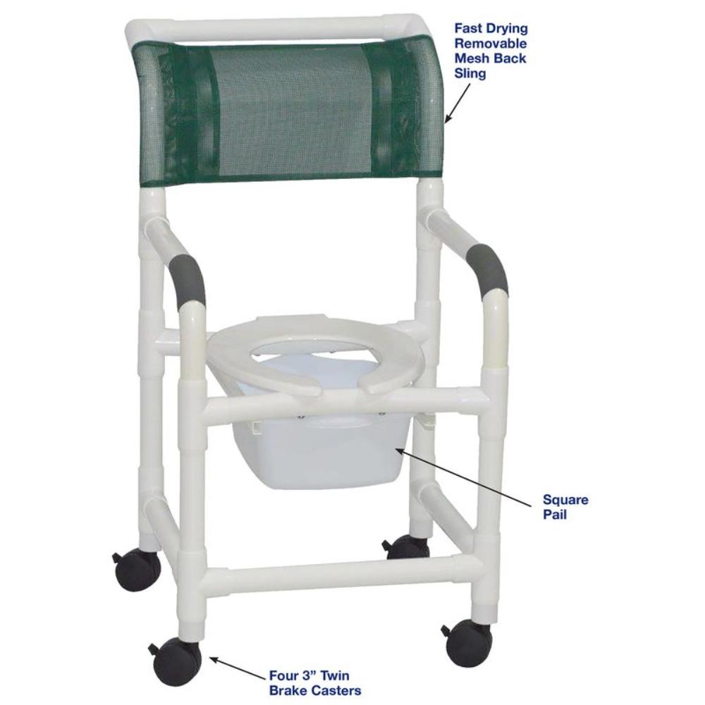 MJM International 118-3TW-SQ-PAIL Shower Chair Open Front Seat, 3" Twin Casters, 10 Quart Commode Pail, 300 lbs Weight Capacity